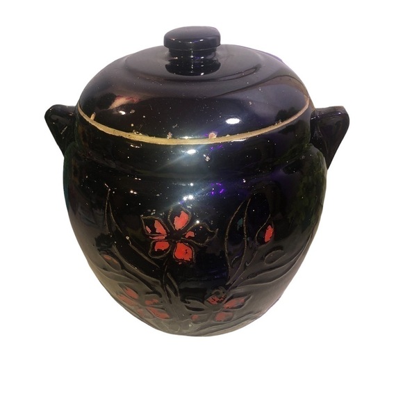 Vintage Crock Cookie Jar, Bean Pot & Lid, Cold Paint Floral - Picture 2 of 7